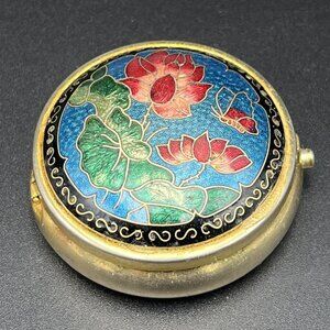 Vintage Round Cloisonné Enamel Blue Floral Butterfly Pill Trinket Travel Box